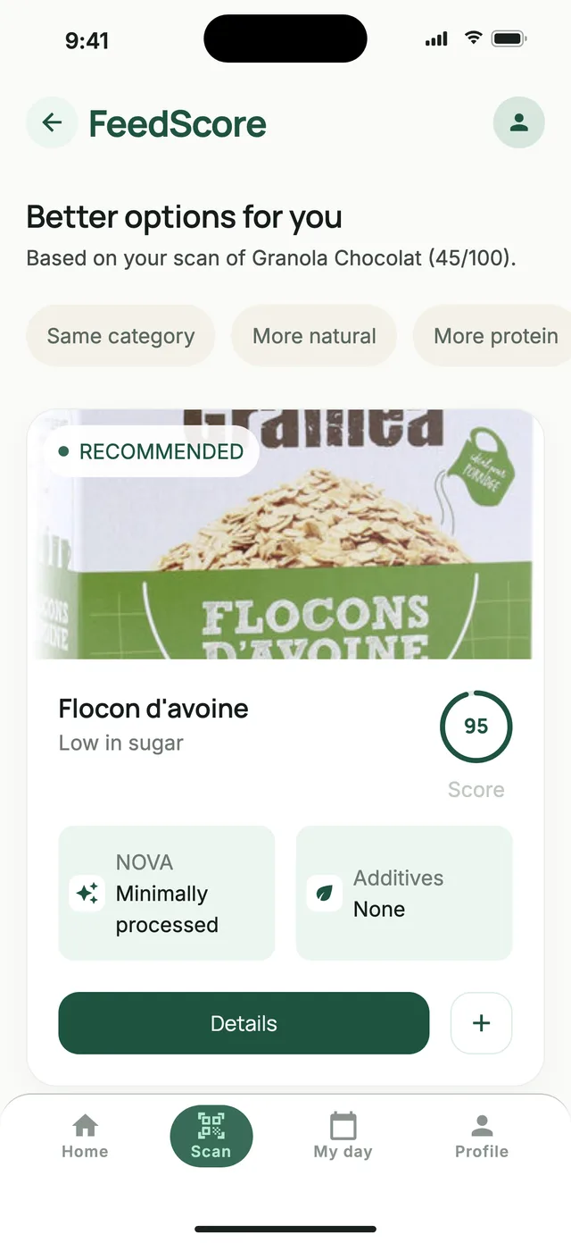The alternatives screen: products from the same aisle, ranked by score.
