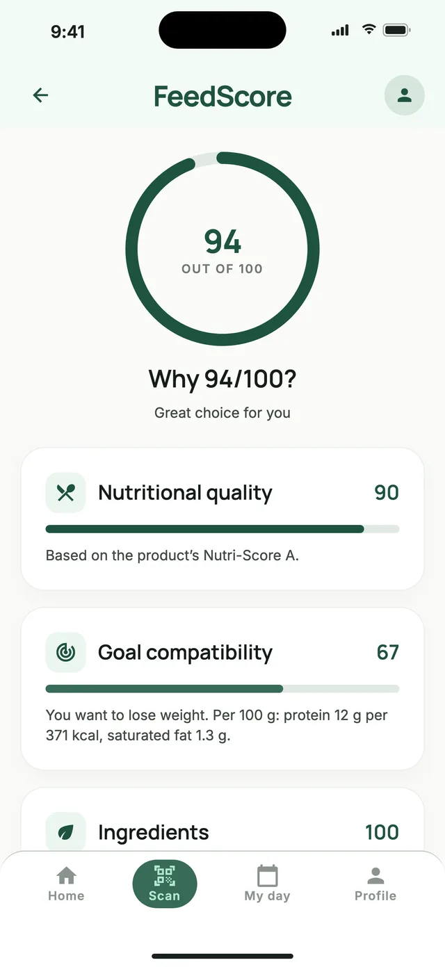 The explanation screen: the product’s strengths and watch-outs.