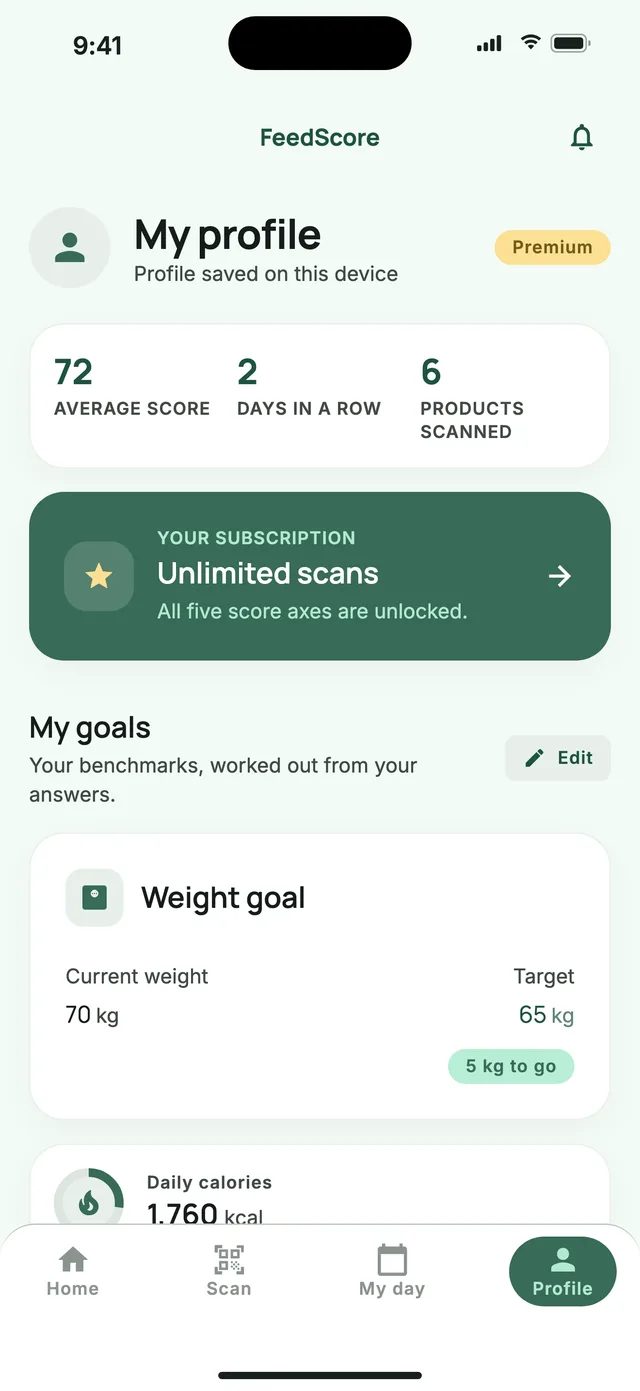 The profile screen: goals, diet, allergies and preferences.