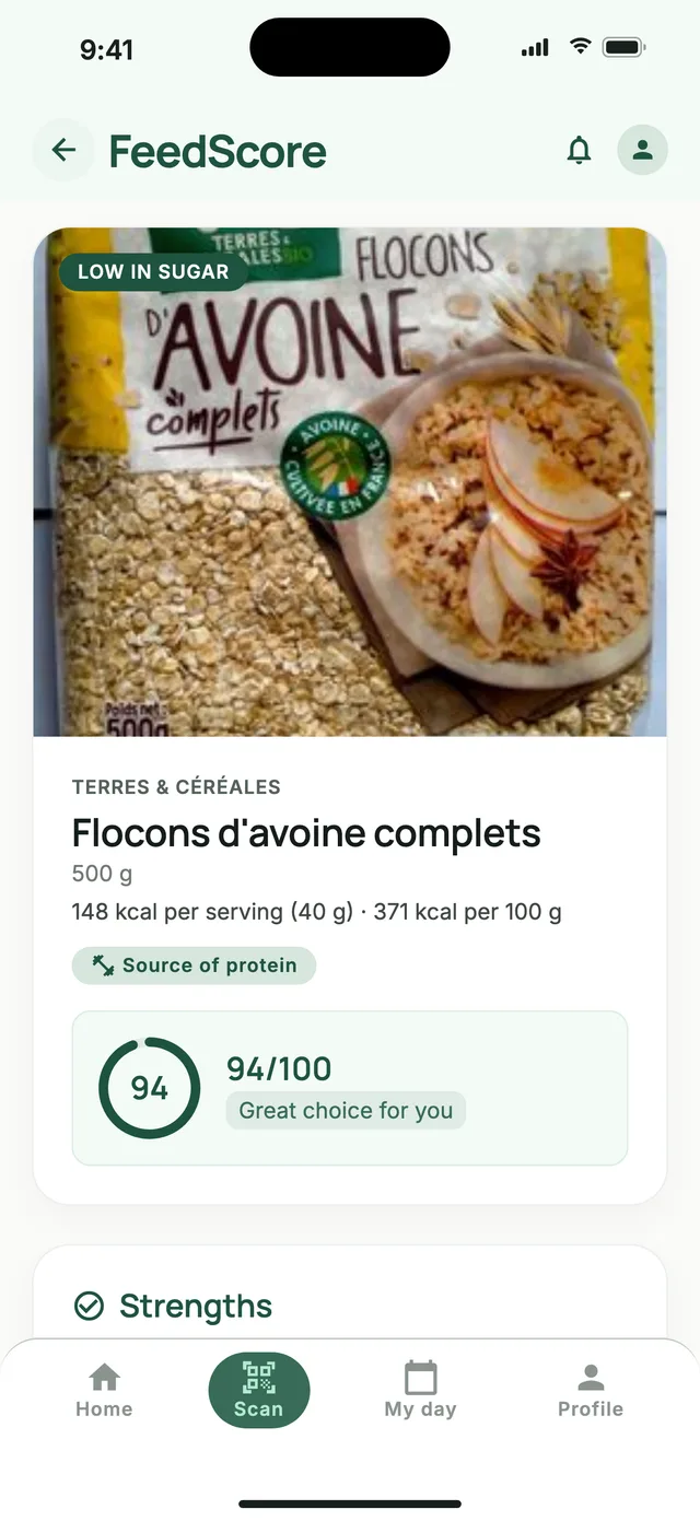 The score screen in the FeedScore app: wholegrain oat flakes rated 94 out of 100, a great choice for you.
